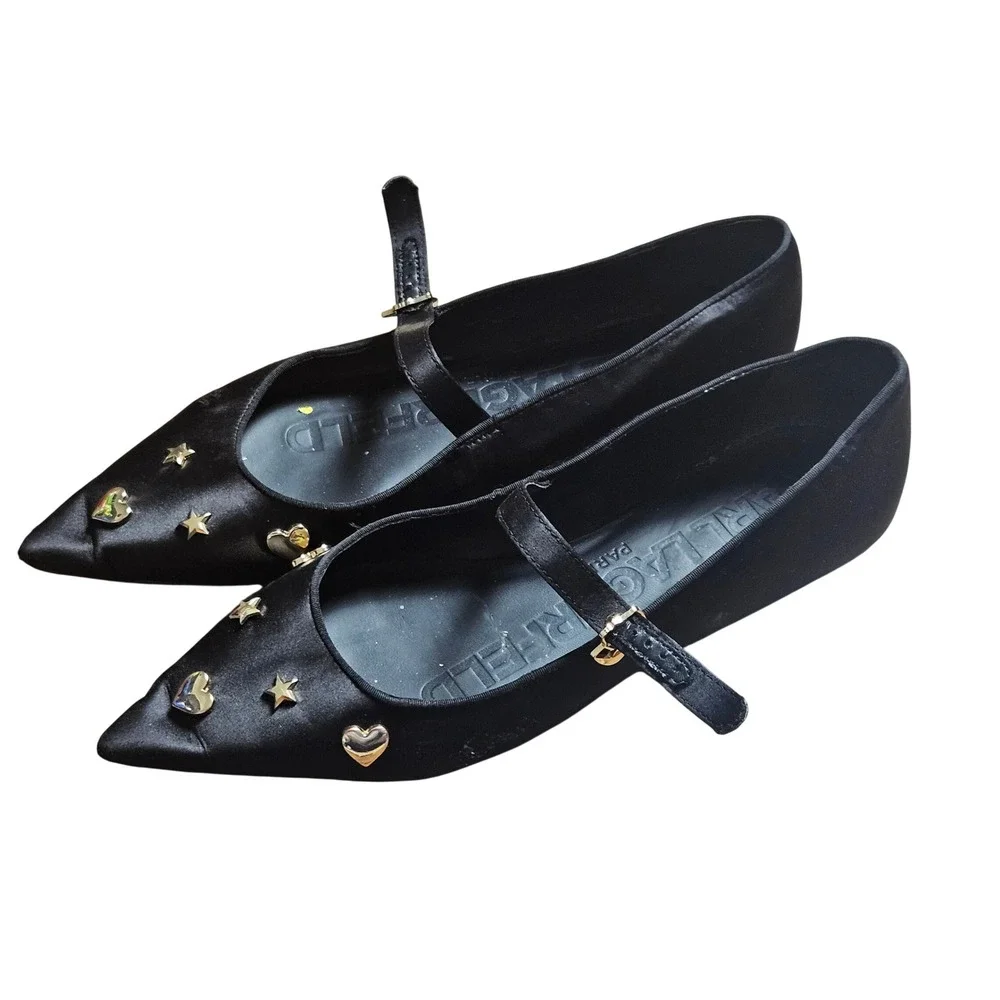 Karl Lagerfeld Paris Veyda Mary Jane Flats 9.5 M  Studded Satin Edgy Balletcore